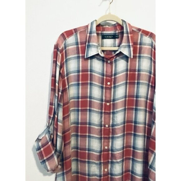 Ralph Lauren Top Womens XXL Pink Blue Plaid Lightweight Flannel Button Up Preppy - Picture 4 of 6